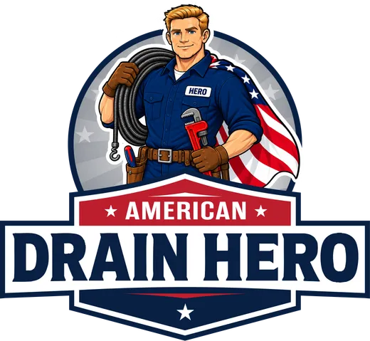 The American Drain Hero mascot: a drain technician in a blue work shirt carrying a drain snake and pipe wrench, with an American flag cape